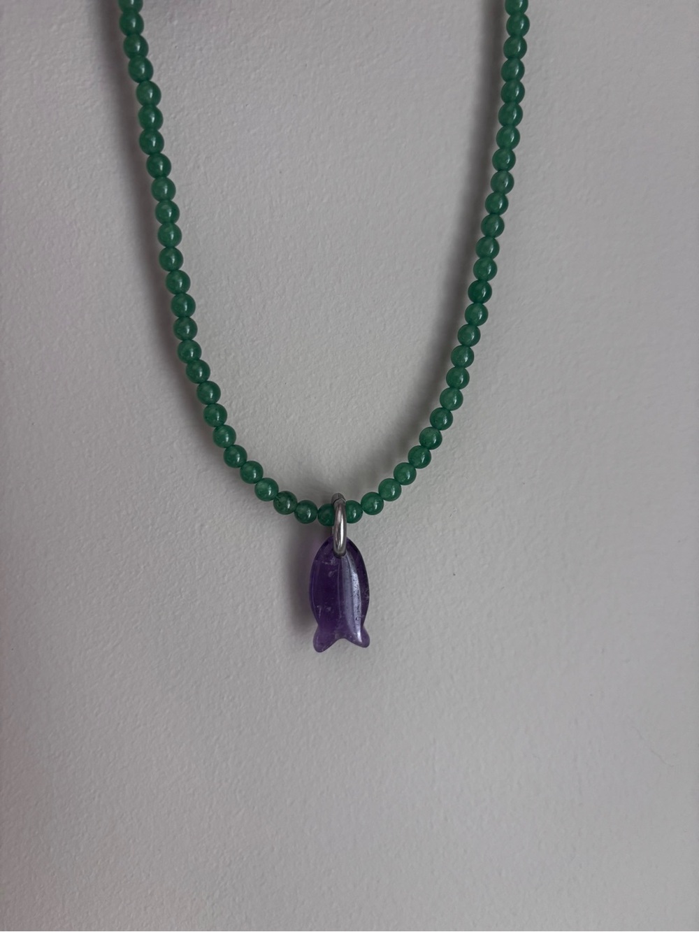Aventurine Natural Stone Beaded Necklace 4mm With Amethyst Fish Pendant